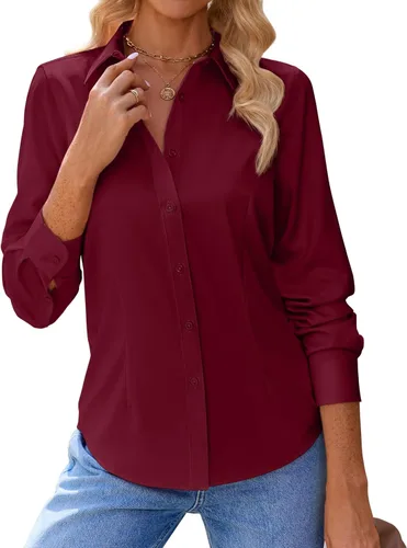 Vista 7 de siliteelon Camisas con botones para mujer, con protección contra manchas, de manga larga, sin arrugas, blusas de oficina