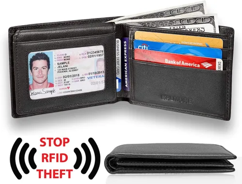 Vista 3 de KALMOR Cartera de cuero plegable con bloqueo RFID para hombre con ventana de identificación