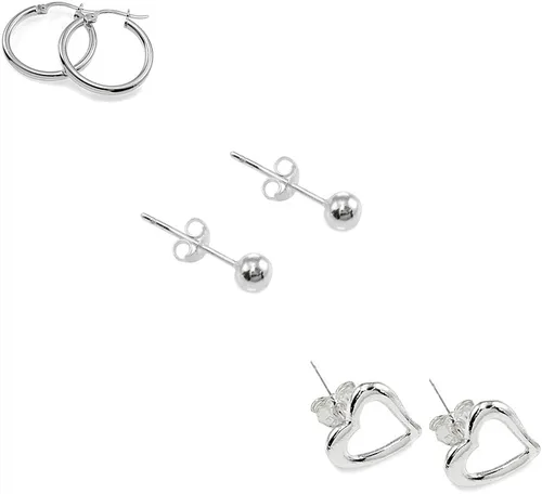 Vista 2 de Sterling Silver 12mm Tiny Click-Top Hoops, 4mm Ball Bead & Small Heart Stud Earrings Jewelry Set for Women Girls Men