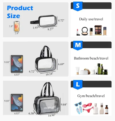 Vista 2 de Neceser de viaje, bolsa de aseo transparente con asa, bolsa de maquillaje impermeable para playa, viajes, gimnasio, Negro
