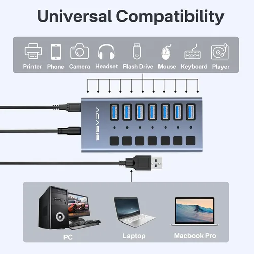 Vista 8 de Hub USB 3.2 alimentado, concentrador USB 3.2 de 7 puertos ACASIS con velocidad de datos de 10 Gbps, carcasa de aluminio, concentrador USB alimentado
