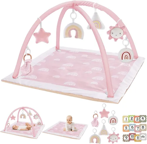 Vista 7 de Mallify - Tapete lavable para el tiempo boca abajo, gimnasio de juegos para bebés con 6 juguetes destacados y 12 tarjetas de hitos, gimnasio
