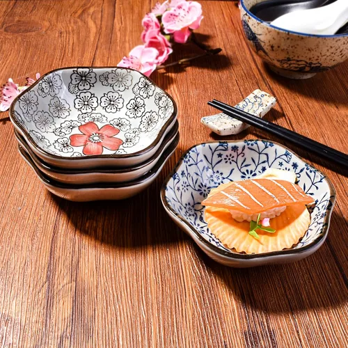Vista 3 de Juego de 4 cuencos japoneses de cerámica en forma de flor, platos pequeños de 4 pulgadas para salsa de soja, condimentos, sushi, aperitivos