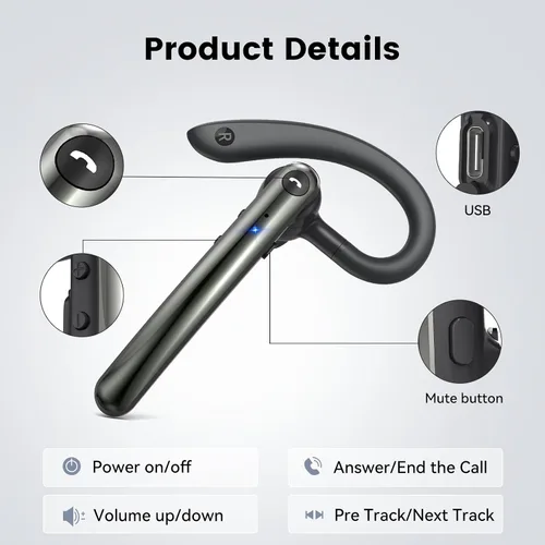 Vista 11 de Auriculares Bluetooth, auriculares inalámbricos Bluetooth 5.4 con 10 horas de tiempo de conversación manos libres, auriculares de una sola oreja