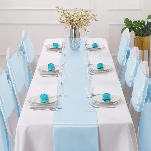 Vista 2 de Horbaunal - Juego de 12 caminos de mesa de satén azul claro de 12 x 108 pulgadas, caminos de mesa suaves para bodas, banquetes, fiestas de cumpleaños