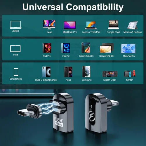 Vista 6 de HanCenDa Adaptador magnético USB C de 90 grados, 2 unidades, adaptador USB C magnético de ángulo recto con transferencia de datos de 40 Gbps PD 140