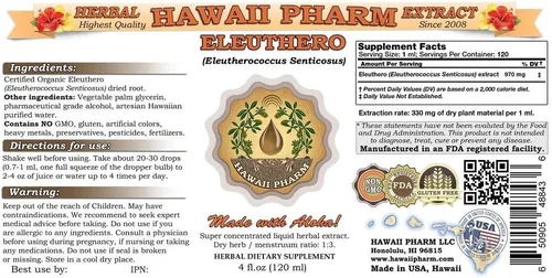Vista 2 de Hawaii Pharm Eleuthero (Eleutherococcus Senticosus) Extracto líquido de ginseng siberiano 4x4 oz