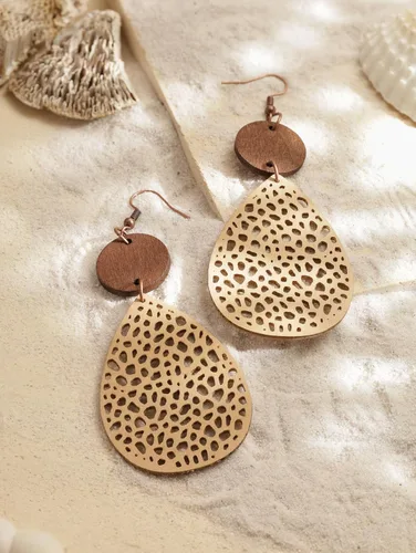 Vista 2 de MINACHI Bohemian Hollow Cut-Out Wood Leather Dangle Drop Earrings, Boho Chic Hippie Statement Jewelry Gift for Women