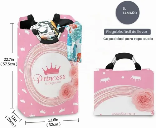 Vista 4 de Cesta de lavandería con corona de princesa, cesta de tela plegable, cesta de lavado, bolsa de ropa plegable para el día de la madre