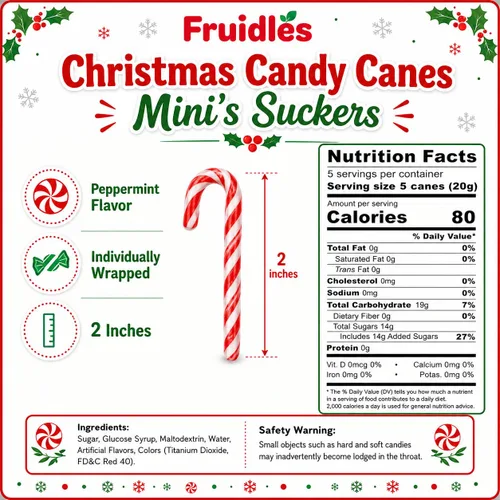 Vista 2 de Fruidles 500 Mini Bastones de Caramelo de Navidad Mini's Chupetines, Sabor a Menta, Envueltos Individualmente, 2 pulgadas, Paquete de 500