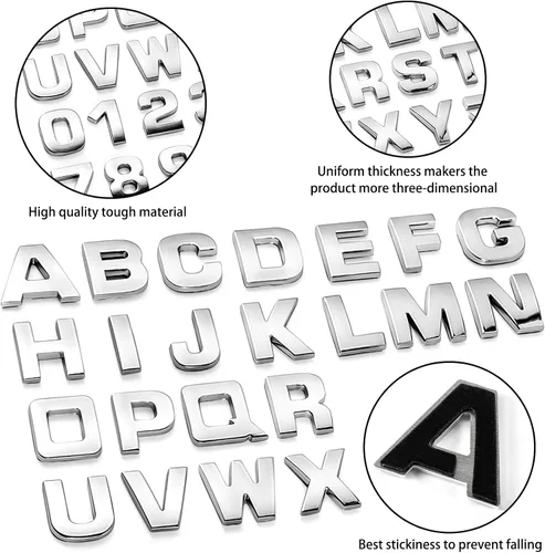 Vista 3 de Lamoutor 43 calcomanías de letras para emblema de automóvil, calcomanía de símbolo de números cromados 3D