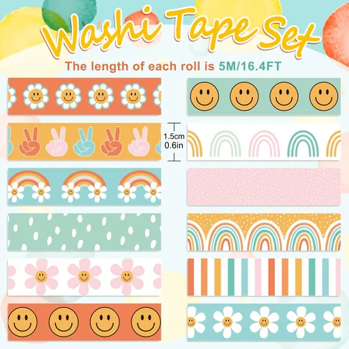 Vista 2 de AnyDesign 12 rollos de cintas Washi Groovy Boho Washi con diseño de cara de sonrisa de arcoíris, cinta adhesiva decorativa colorida para álbumes
