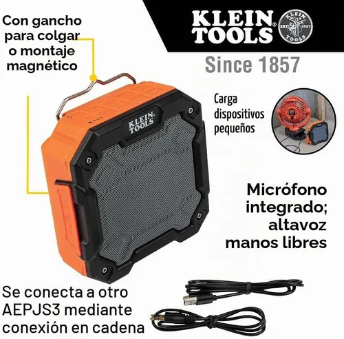 Vista 4 de Klein Tools Altavoz Bluetooth para el lugar de trabajo con imán y gancho (AEPJS3) y vaso de acero inoxidable con tapa abatible, taza de vacío