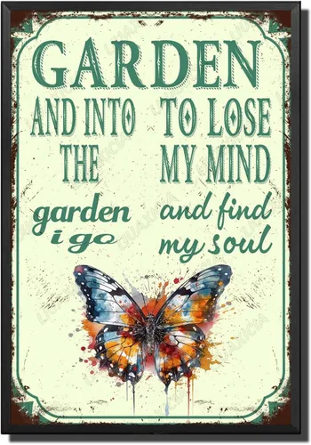 Vista 23 de LIUAXICIA Letreros divertidos de metal con texto en inglés "In The Garden to Lose My Mind and Find My Soul Bee Garden - Letreros de lata