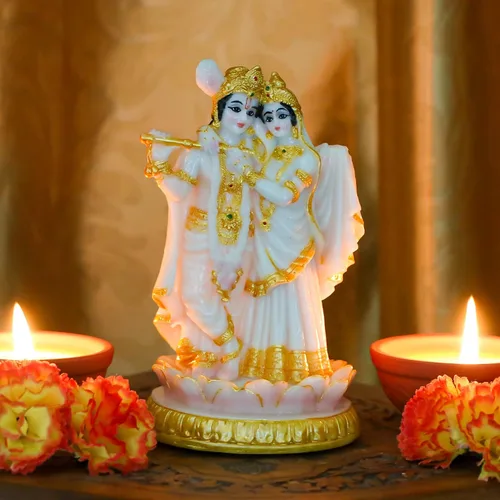 Vista 3 de alikiki Estatua de ídolos hindúes de Radha Krishna, 5.7 pulgadas de alto, aspecto de mármol, escultura de dios indio Krishna Radha para Diwali Puja