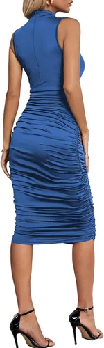 Vista 2 de Umenlele Vestido midi sin mangas para mujer, con cuello alto falso, fruncido, entallado, tubo para discoteca y salidas nocturnas