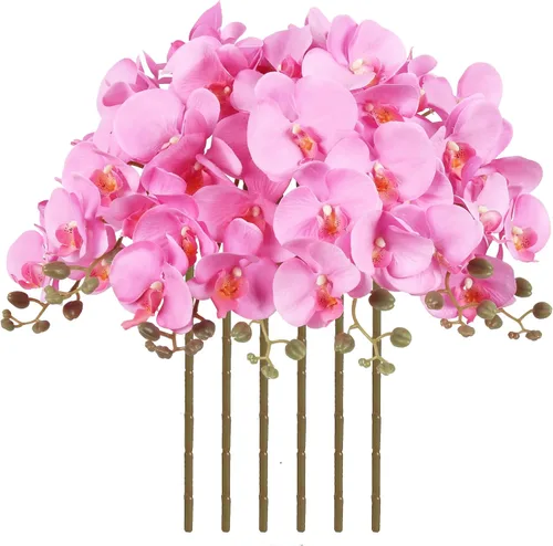 Vista 22 de Orquídeas artificiales de 38 pulgadas, 6 unidades, orquídeas falsas rosas, orquídeas de seda de terciopelo, flores artificiales de tallo largo
