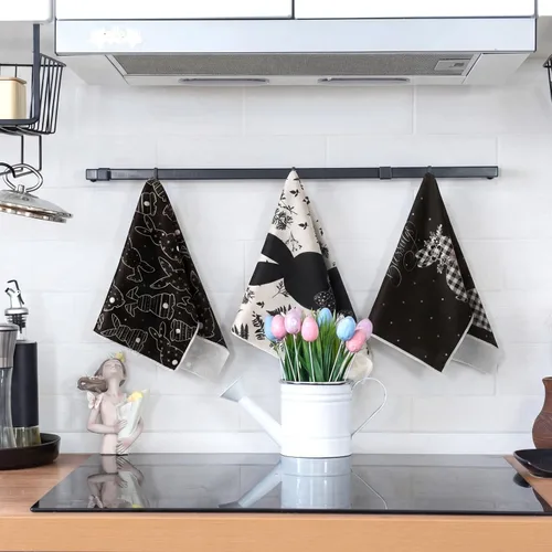 Vista 2 de Preboun 6 toallas de cocina con huevos de Pascua, toallas de mano retro con diseño de conejo, color negro y blanco a cuadros, paño decorativo