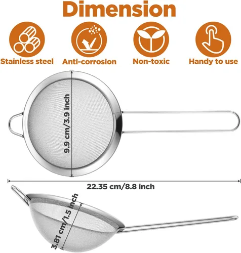 Vista 2 de 9 paquetes de colador de malla fina de acero inoxidable, colador pequeño para cóctel y té con asa para café, jugo, azúcar en polvo, 8.8 x 3.9