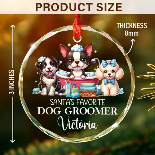 Vista 6 de Adorno de cristal personalizado para peluquero de perro favorito de Santa, adorno de Navidad para peluquero de perros 2025, adornos personalizados