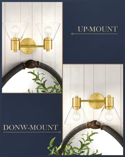 Vista 6 de LMS Lámparas doradas para tocador de baño, 2 lámparas de baño con pantalla de vidrio transparente, LMS-100