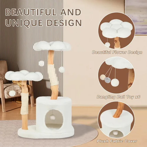 Vista 5 de Bonita torre de árbol para gatos de interior y adultos, árboles de madera con 6 pompones, moderna torre de árbol para gatos con poste rascador