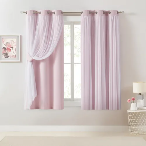 Vista 17 de Bujasso Cortinas 80% Opacas Beige con Superposición de Gasa Mezcla y Combinación Paneles de Ventana con Aislamiento Térmico de Doble Capa de 63
