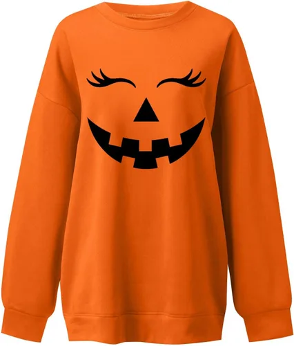 Vista 3 de Sudaderas con estampado de calabaza de Halloween para mujer, manga larga, cuello redondo, para otoño, tallas S-2XL