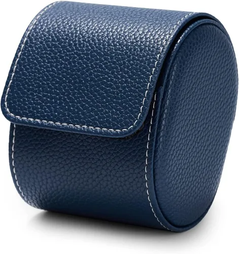 Vista 6 de Oirlv Caja de reloj de viaje de cuero de lujo caja de reloj individual para hombres y mujeres portátil joyería reloj organizador de rollo (azul)