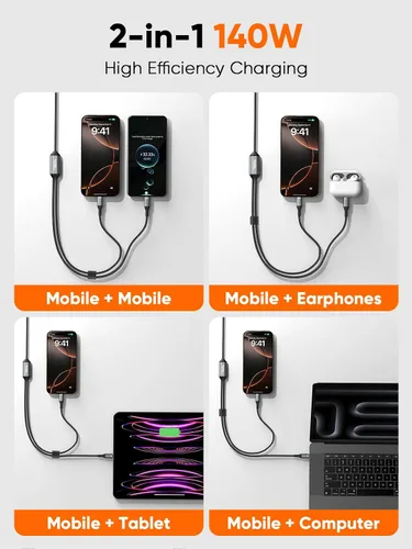 Vista 2 de CableCreation Cable USB C 2 en 1, 4 pies de largo 6 pies USBC a USB C dual, USB C 140 W Max PD carga tipo C divisor para iPhone 16/15, MacBook