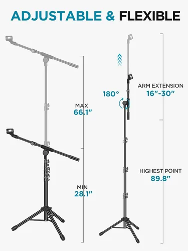 Vista 3 de InnoGear Soporte para micrófono, trípode con brazo articulado, soporte de micrófono de piso con altura ajustable, resistente, con bolsa