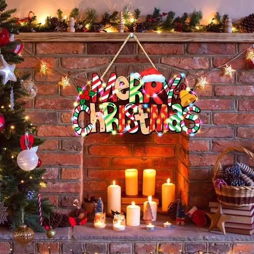 Vista 6 de Letrero de puerta con texto en inglés "Merry Christmas", decoración de árbol de Navidad, adorno de madera para colgar cabina de fotos con cuerdas