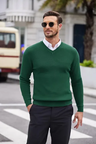 Vista 2 de COOFANDY Suéter de punto con cuello en V para hombre, manga larga, casual, ajustado, suéter sin botones