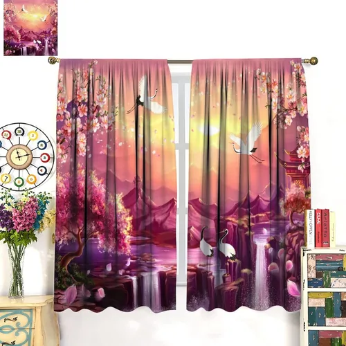 Vista 3 de Cortinas de estilo japonés, flor de cerezo, grúa de amanecer, estilo asiático, cortinas opacas para dormitorio, sala de estar, juego de 2 paneles