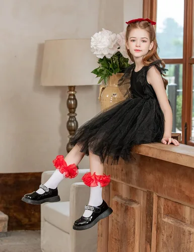 Vista 6 de Dicry Calcetines de encaje doble para niñas con volantes grandes para bebés y niños pequeños