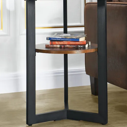 Vista 6 de Mesa auxiliar redonda pequeña con estante de almacenamiento, sofá circular de madera maciza con patas laterales de metal, mesa de teléfono de 2
