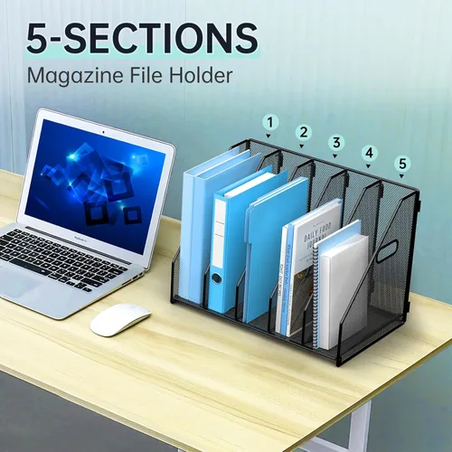 Vista 6 de MINDEPOT Organizador de Archivos de Escritorio de Metal Soporte para Carpetas de Revistas de Escritorio con 5 Compartimentos Verticales Organizador