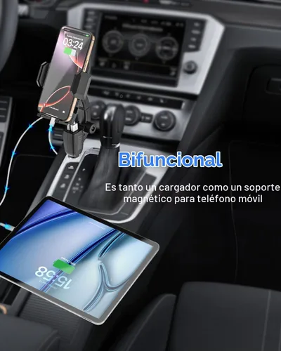 Vista 2 de Cargador de teléfono para encendedor de cigarrillos [carga rápida USB dual] Soporte de teléfono con brazo ajustable, cargador de teléfono