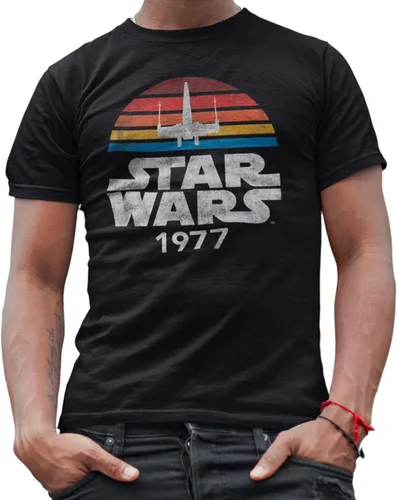 Vista 2 de STAR WARS 1977 Distressed Logo Rainbow X-Wing - Camiseta para hombre Negro