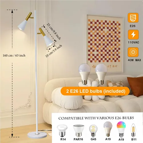 Vista 3 de Elegante lámpara de pie moderna con 2 cabezales ajustables, lámparas de pie blancas y doradas con base de mármol, luz vertical de poste alto