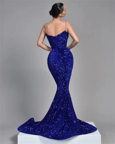 Vista 3 de Qgeno Vestidos de fiesta de lentejuelas brillantes para mujer, vestidos largos de sirena con cuello en V, sin espalda, vestidos de noche formales