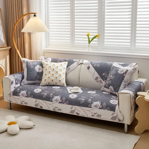 Vista 4 de Funda de algodón con retazos para sofá, funda acolchada con estampado floral de granja para sofá modular, funda antideslizante para sofá seccional