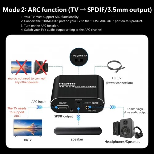 Vista 4 de Convertidor de extractor de audio HDMI ARC 4K60Hz y convertidor eARC compatible con HDMI a óptico SPDIF + conector AUX de 0.138 in adaptador