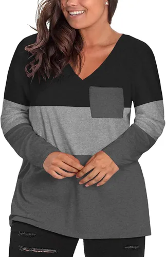 Vista 2 de DOLNINE Camisetas de manga larga con cuello en V para mujer, estilo casual, con bolsillo