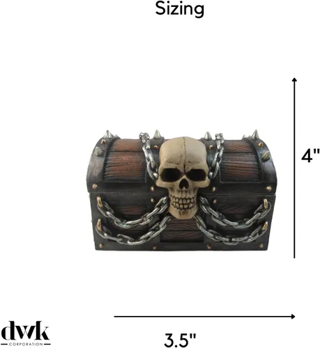 Vista 5 de DWK Cofre del tesoro del terror con calaveras y cadenas, caja de baratijas de cofre de pirata de 6 pulgadas.
