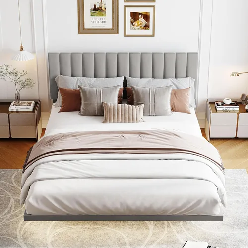 Vista 31 de Cama de plataforma tapizada de tamaño matrimonial con cabecera de terciopelo con patrón de flores, con marco de cama de soporte de listones