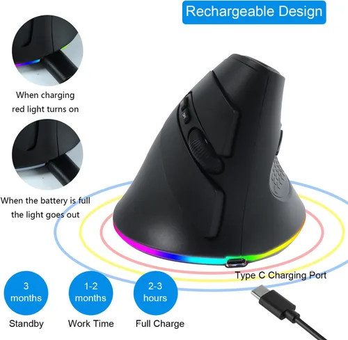 Vista 4 de Ratón vertical inalámbrico ergonómico Bluetooth, conexión de 3 dispositivos (BT1/BT2 + USB de 2.4 G), RGB 3200 DPI tipo C recargable portátil