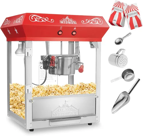 Vista 2 de Máquina de palomitas de maíz estilo barra Olde Midway, máquina de palomitas de 4 onzas, roja