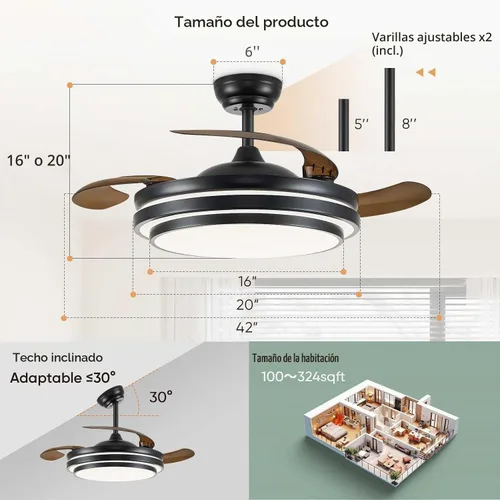 Vista 5 de FIDGRA Ventilador de Techo Fandelier de 42 Pulgadas con Luz, Ventilador de Techo Retráctil con Luces para Dormitorio, Sala de Estar, Comedor
