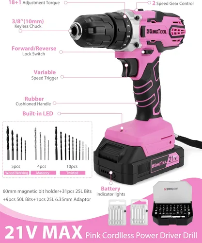 Vista 4 de KingTool - Juego de herramientas de 267 piezas - Juego de herramientas rosa con taladro inalámbrico de 21 V, juego de herramientas para mujeres